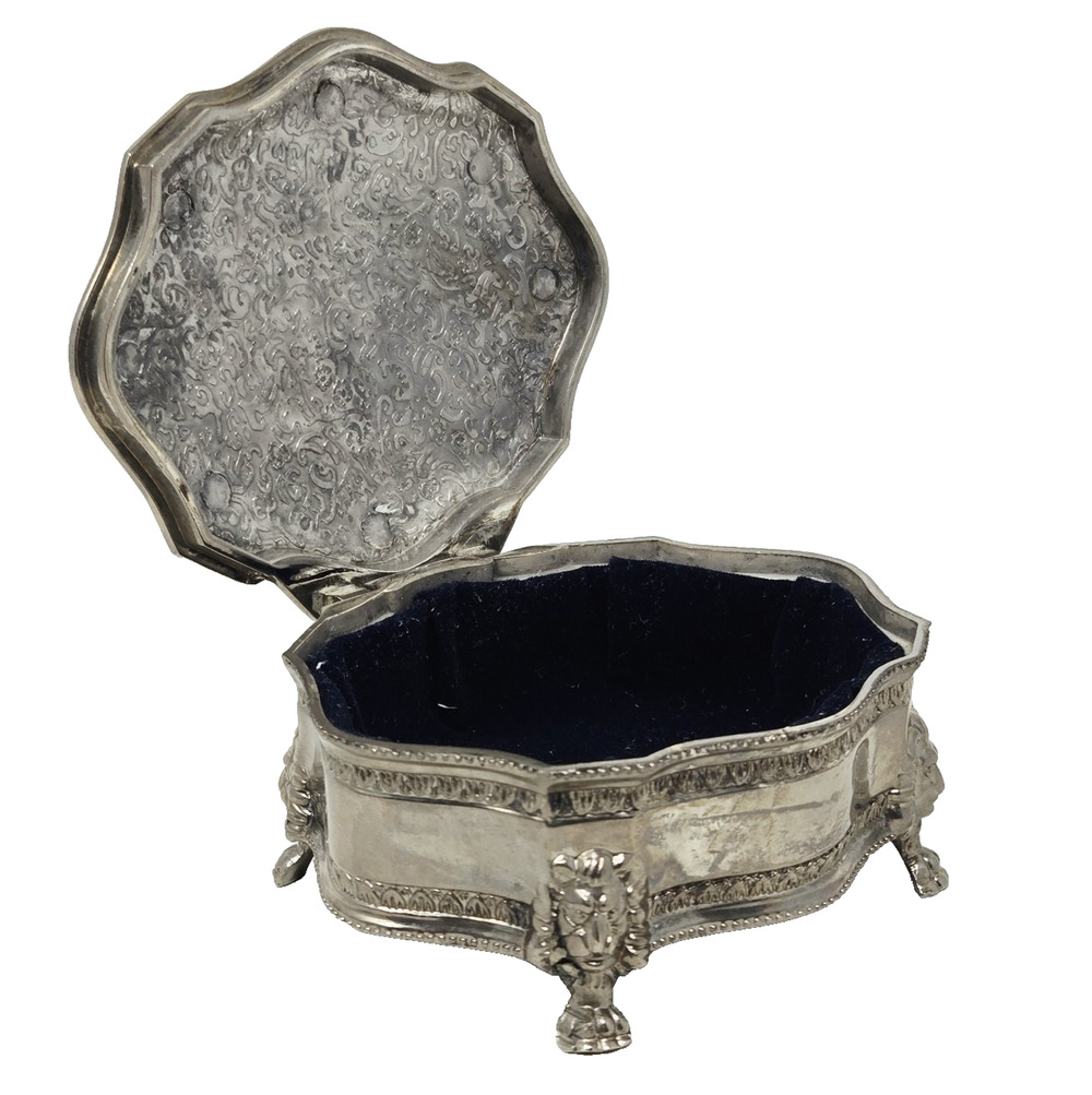 Vintage Silver Tone Footed Jewelry Trinket Box Velvet Lined